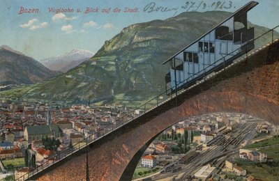 Bolzano - kabelbane og udsigt over byen. Postkort sendt i 1913. af Italian Photographer