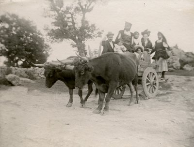 Familie på oksetrukket vogn, Sardinien, Italien, ca. 1910 af Italian Photographer