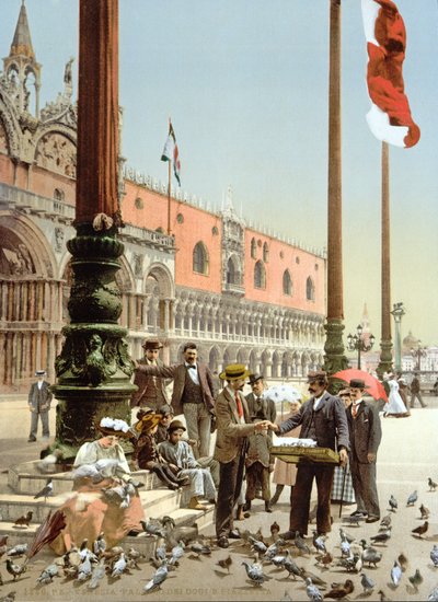 Fodring af duerne på Markuspladsen, Venedig, ca. 1900 af Italian Photographer