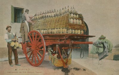 Læsser flasker vin på en vogn, Firenze. Postkort sendt i 1913. af Italian Photographer