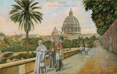 Pave Pius X i Vatikanets haver, Rom. Postkort sendt i 1913. af Italian Photographer