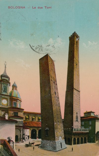 De to tårne i Bologna, Italien. Postkort sendt i 1913. af Italian Photographer