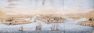 Et fugleperspektiv af Valetta fra havet, med Men-o-War på vej ind i havnen, af Italian School