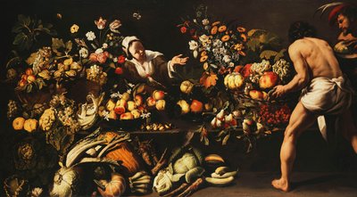 Et spisekammer fyldt med grøntsager, blomster og frugt, af Italian School