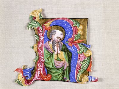 A Praying Saint, en stor historisk initial R, ca. 1400 (historisk initial, skåret fra en antifonal på vellum) af Italian School