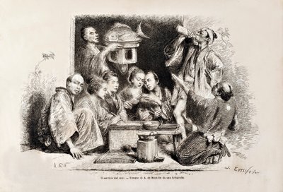 A Small Party Drinking Sake, fra den italienske udgave af Tour du Monde, 1869 af Italian School