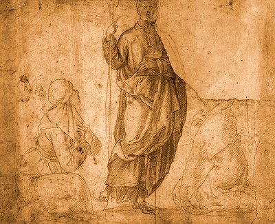 En helgen med to knælende kvinder (rødt kridt på papir) af Italian School