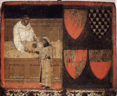 En skatteopkræver og en skatteyder, Biccherna (omslag af regnskabsregisteret for byen Siena) fra 1340. Nationalarkiv - Museo delle Tavolette de Bicherna, Siena. af Italian School