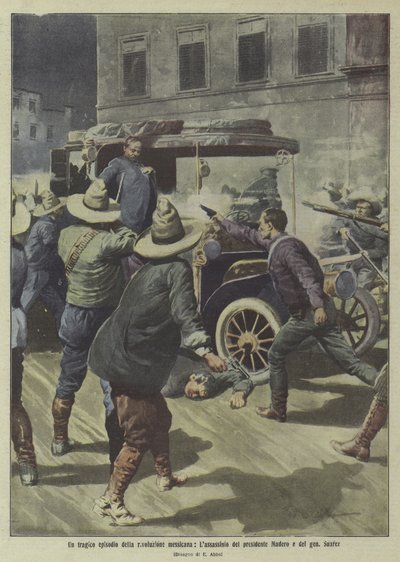 En tragisk episode i den mexicanske revolution: mordet på præsident Madero og general Suarez (farvelitografi) af Italian School