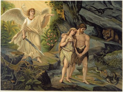 Adam og Eva jaget ud af det jordiske paradis (Eden) af Ærkeenglen - i "" Golden Classic Bible: History of Divine Revelation in the Ancient and New Stress "" af Giovanni Ladislao Sykora (bind 1), oversat af Don Clemente Benetti. (italiensk bibel af Italian School
