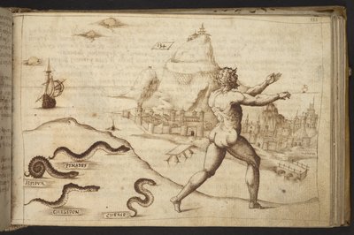 Tilføje. 82955, f.133   Slanger, der forfølger en menneskelig figur.  , fra Historia Animalium, (bestående af 245 pen-og-blæk-tegninger af forskellige dyrearter og mytiske væsner, hver ledsaget af en beskrivelse.)    1595 af Italian School