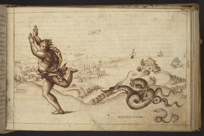 Tilføje. 82955, f.134 Menneskeskikkelse forfulgt af slanger., fra Historia Animalium af Italian School