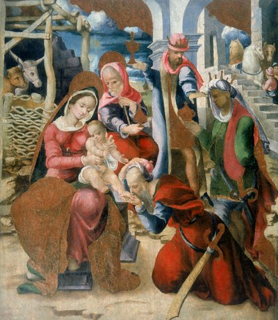 Tilbedelse af de tre konger. Panel, del af den nedtagne retablo fra kirken Santa Maria degli Angeli i Bortigali, Sardinien af Italian School