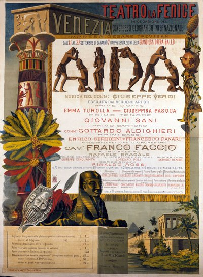 Plakat, der præsenterer Giuseppe Verdis Aida i La Fenice i Venedig i 1881. af Italian School