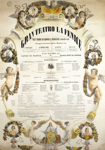 Plakat for Theatre de La Fenice i Venedig for sæsonen 1843 - 1844. af Italian School