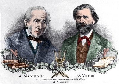 Alessandro Manzoni og Giuseppe Verdi i anledning af Messa da Requiem (farvegravering) af Italian School