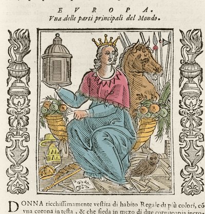 Allegori om Europa i form af en rigt klædt kvinde, kronet, omgivet af overflodshorn. Tallerken taget fra "" Iconologia"" af Cesare Ripa (1550 omkring 1622) af Italian School