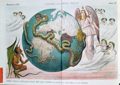 Allegori om det britiske imperium, der kvæler verden, satirisk tegneserie fra Le Perroquet (Il Pappagallo), 1878 af Italian School