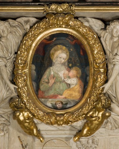St. Eusebius alter, Fresco Our Lady of Peace 15. århundrede, indsat i rammen med engle i 1622 af Italian School