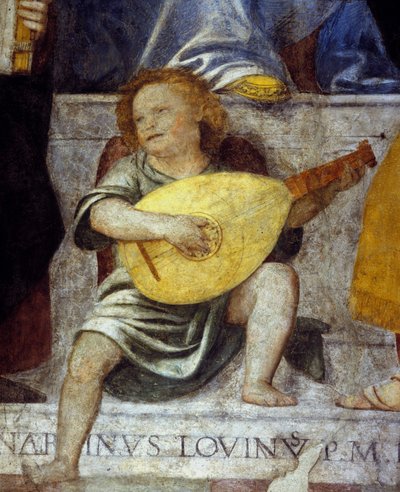 Englemusiker, der spiller lut. Detalje af en fresko fra det 17. århundrede fra en kirke i Milano. af Italian School