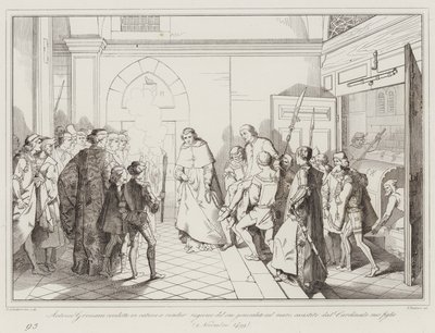 Antonio Grimani ledte i lænker for at redegøre for sit generalat på havet, assisteret af (gravering) af Italian School