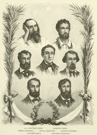 Avv Anacarsi Nardi, Domenico Moro, Emilio Bandiera, Nicola Ricciotti, Attilio Bandiera, Giacomo Rocca, Giovanni Venerucci (gravering) af Italian School