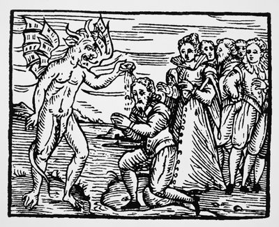Dåb af Djævelen, kopi af en illustration fra Compendium Maleficarum af Fr M Guaccius, Milano 1608, brugt i History of Magic, udgivet i slutningen af det 19. århundrede af Italian School