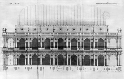 Basilica Palladiana ved Vicenza, designet af Andrea Palladio (1508-80) (e, gravering) af Italian School