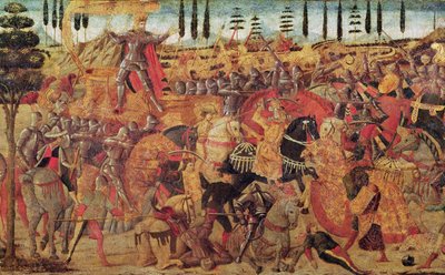 Slaget mellem Darius (399-330 f.Kr.) og Alexander den Store (356-323 f.Kr.) (olie på panel) af Italian School