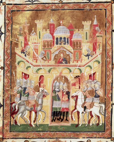 Kampscene ved Jerusalems mure, fra Descriptio Terrae Sanctae af Burcardus Theutonicus eller Burchard of Mount Sion af Italian School