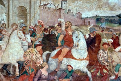 Taistelukohtaus kaupungin muurien ulkopuolella, noin 1460-luku (fresko) af Italian School