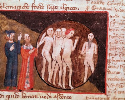 Bolgia af de falske profeter (sang 20 fra Helvede, i den guddommelige komedie) - Miniature af Italian School