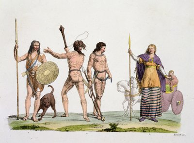 Briter, Caledonians og Queen Boadicea, plade 4 fra The History of the Nations (akvatint) af Italian School
