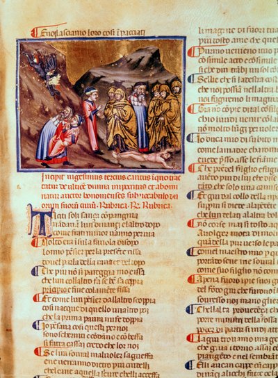 Canto XXIII Dante og Virgil i Hyklernes Cirkel, med Kajfas korsfæstet på jorden, fra den guddommelige komedie (infernoet), ca. 1313 af Italian School