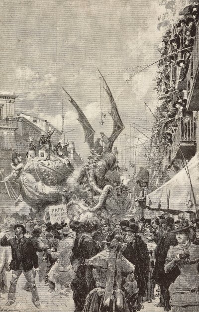 Vogne, der paraderer under karnevalets sidste dag, Napoli, Italien, gravering fra tegning af Matania, fra L