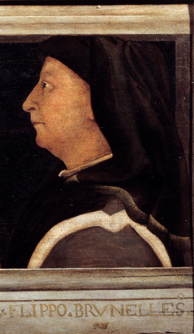 Cassone med 5 portrætter af mesteren af den florentinske renæssance detalje med portrættet af Brunelleschi Filippo (1377-1446). Italiensk skole i det 16. århundrede. Indskriften nedenfor er sandsynligvis successiv. Musée du Louvre, Paris. af Italian School