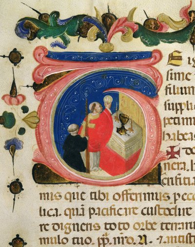 Fejring af eukaristien, fra en Mariegola fra læglauget St. Hieronymus, ca. 1400 (blæk & bladguld på vellum) af Italian School