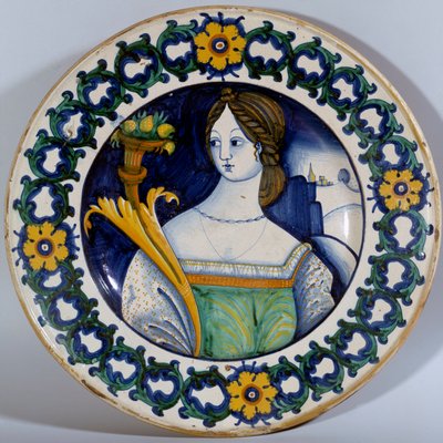 Keramisk tallerken af Deruta decoree med et portræt af en kvinde. Omkring 1510 Sevres. Porcelænsfremstilling af Italian School