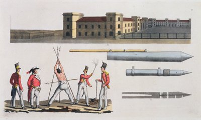 Chatham Barracks, en militær straf kaldet Triangle and Congreve Rockets, plade 17 fra The History of the Nations (akvatint) af Italian School