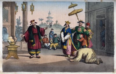 Kina - En teaterforestilling i det fri - indgravering fra "" Skikke og traditioner for alle mennesker i universet. Det vil sige historien om regeringen, lovene, militsen, om alle nationers religion fra de fjerneste tider til i dag "185 af Italian School