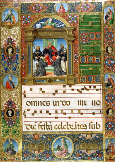 Korminiature med Sankt Benedikt, der prædiker for munke (pigment på vellum) af Italian School