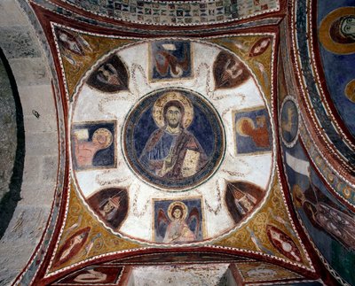 Kristus giver velsignelse omgiver symboler på evangelister Fresco fra det 13. århundredes italienske skole. Hvælving 15 af krypten i katedralen i Anagni. Italien af Italian School