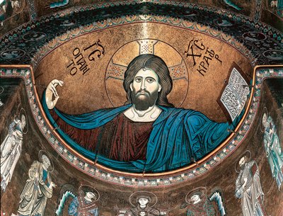 Kristus pantokrator eller Kristus i herlighed, udsmykning af apsis i katedralen i Monreale, Sicilien, Italien af Italian School