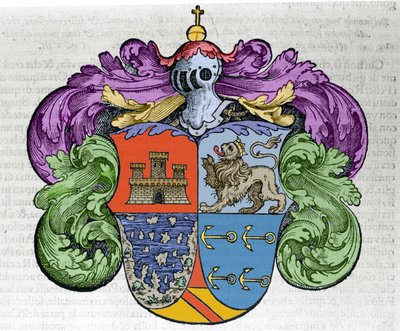 Våbenskjold fra navigatøren Christopher Columbus (1451-1506): de fire dele af ecuen repræsenterer øverst byen Castilla og Leon, under de udækkede øer og admirautens symbolankre. Gravering fra bogen "" Navigationi og Viaggi"" af Italian School
