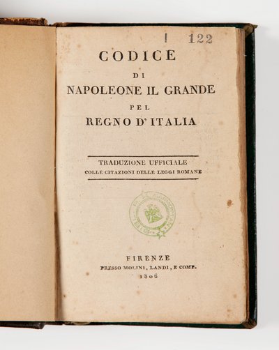 Kode for Napoleon den Store for Kongeriget Italien, åben på titelbladet, udgivet Firenze, Molini, Landi et Cie, 1806 (trykt papir) af Italian School