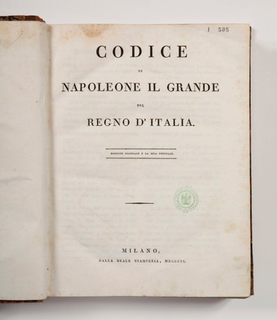 Napoleon den Stores kode for kongeriget Italien, åben på titelbladet, udgivet Milano, dalla reale Stamperia, 1806 (trykt papir) af Italian School