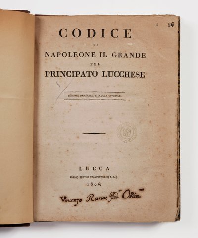 Napoleon den Stores kode for fyrstedømmet Lucca, første officielle udgave, Lucca, Presso Bertini, 1806, og landdistriktskoden for fyrstedømmerne Lucca og Piombino, Lucca, Fr. Bertini, 1807 af Italian School