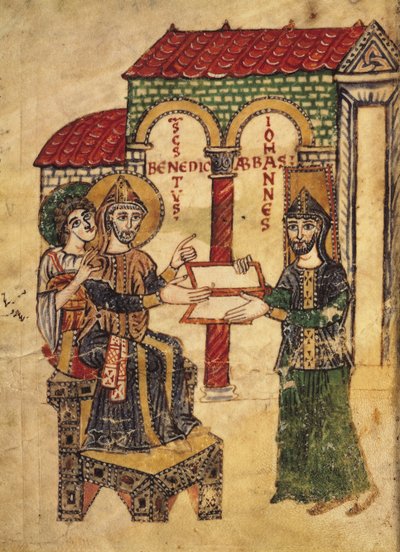 Codex 73 Abbed John tilbyder manuskriptet til St. Benedikt (ca. 480-c. 550), abbed og grundlægger af Montecassino, skrevet af diakon Paul, italiensk, 915, fra Commentary on the monastic rules of St. Ben af Italian School
