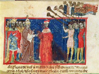 Codex Correr I 383 Doge Sebastiani Ziani modtager et andragende fra pave Alexander III (1159-81) og kejser Frederik Barbarossa (ca. 1123-90) af Italian School