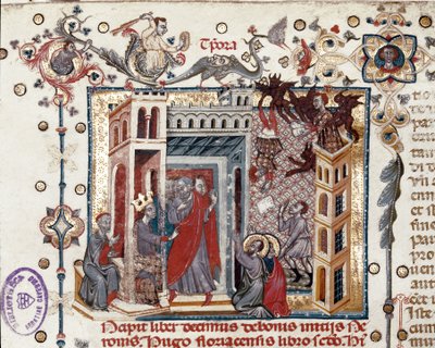 Codices Cavenses, Cod.25 f.181, Simon Magus, the Emperor Nero, and the Apostles, miniature fra Speculum Historiale, Part I, af Vincent de Beauvais, c.1320 (tempera på vellum) af Italian School